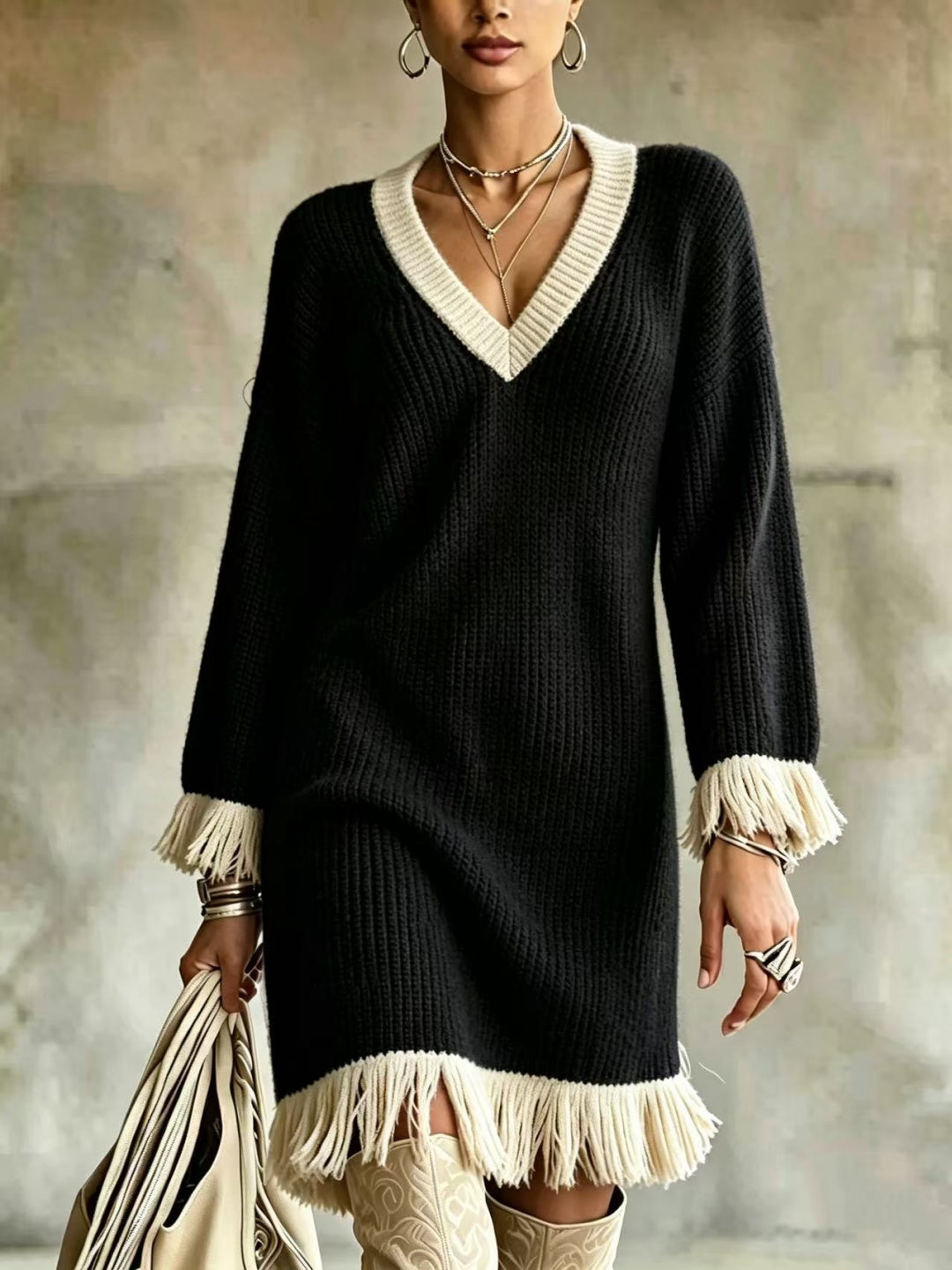 Elara V-Neck Fringe Sweater Mini Dress