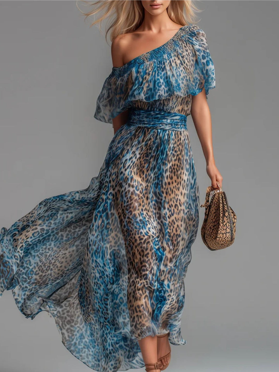 Celeste Blue Leopard One-Shoulder Maxi Dress