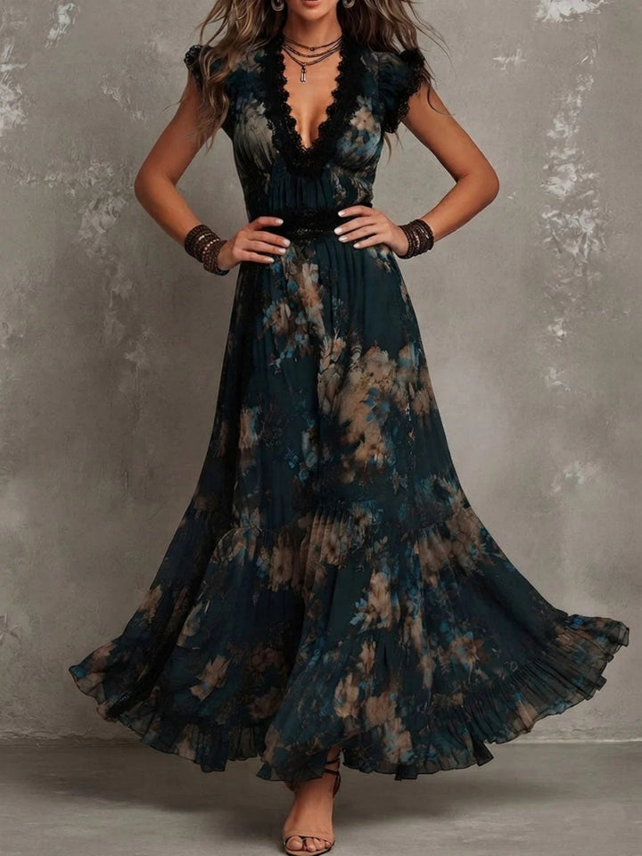 Noa Black Floral Lace Cap-Sleeve Maxi Dress