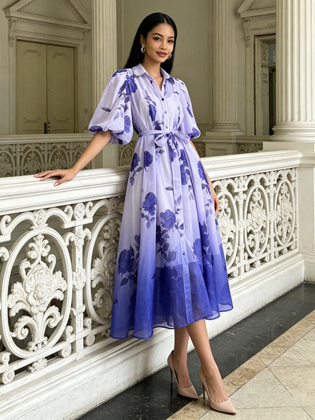 Soleil Floral Puff-Sleeve Midi Dress