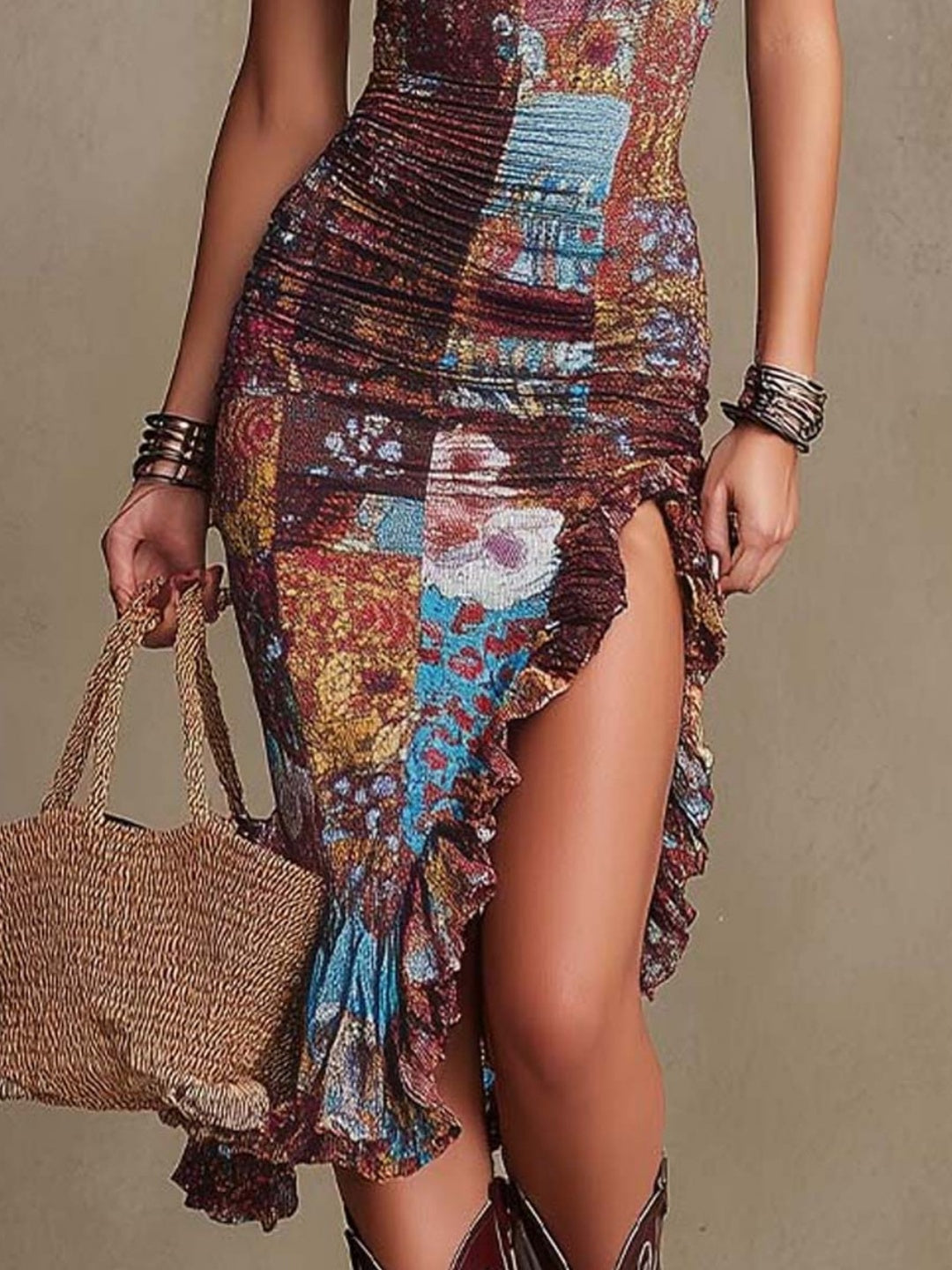 Mara Patchwork Off-Shoulder Ruched Midi Dress