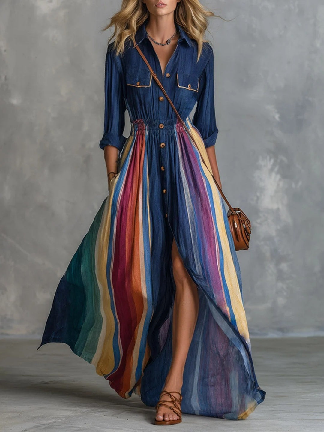 Marina Navy Rainbow-Stripe Shirt Maxi Dress