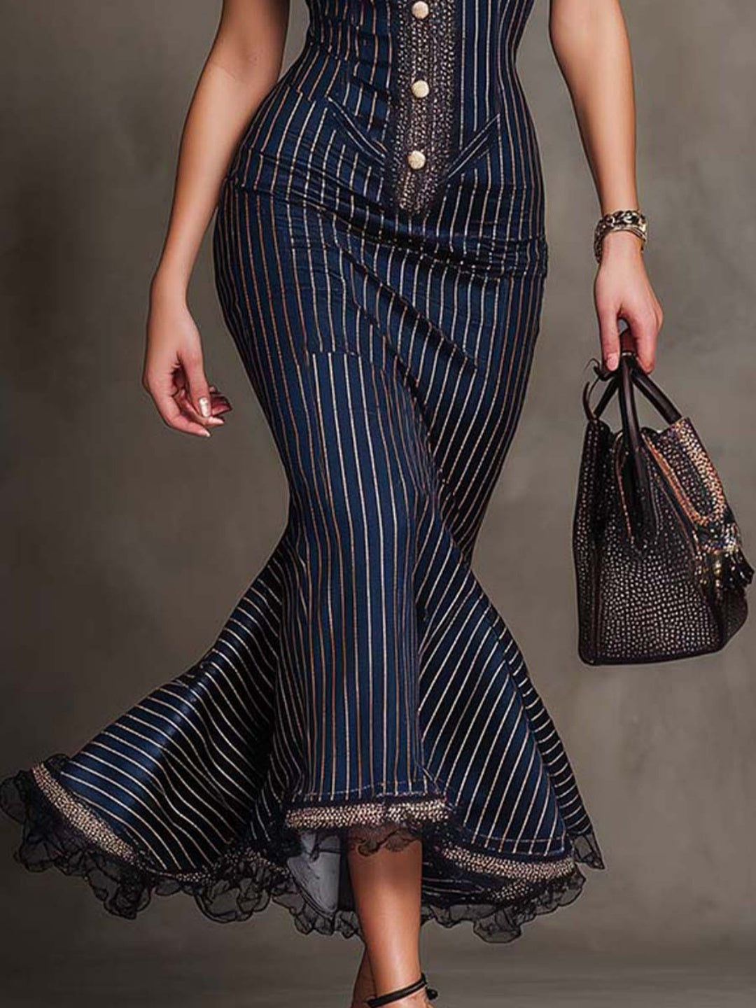 Noa Navy Pinstripe Button Midi Dress