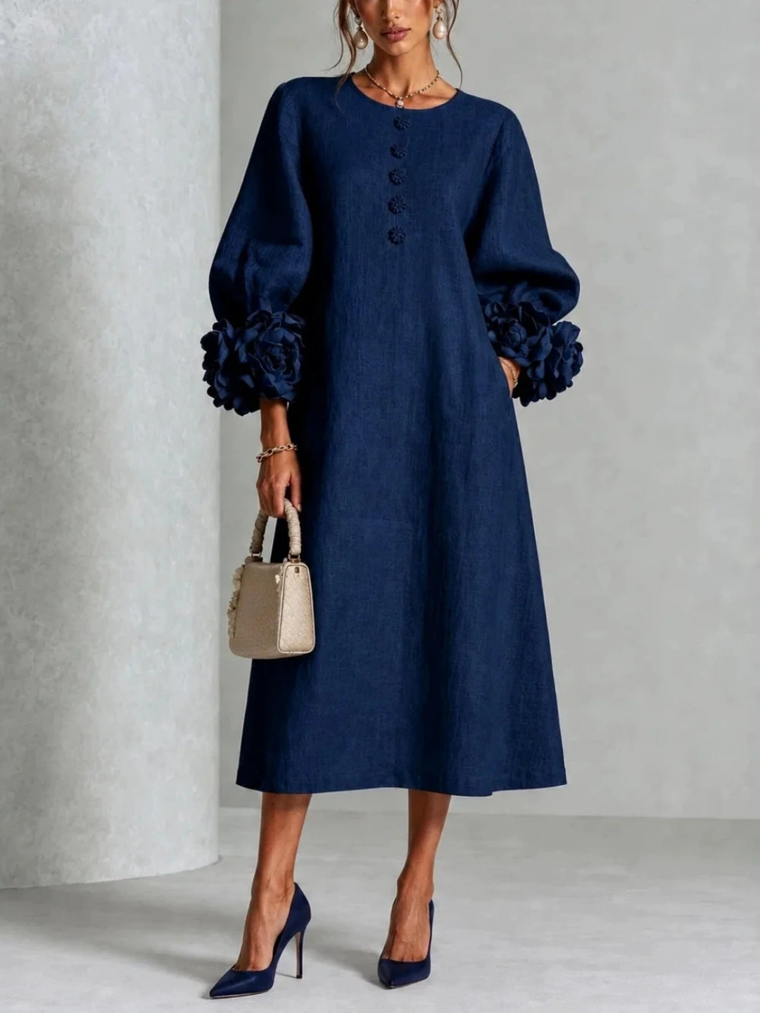 Paloma Puff-Sleeve Button Midi Dress