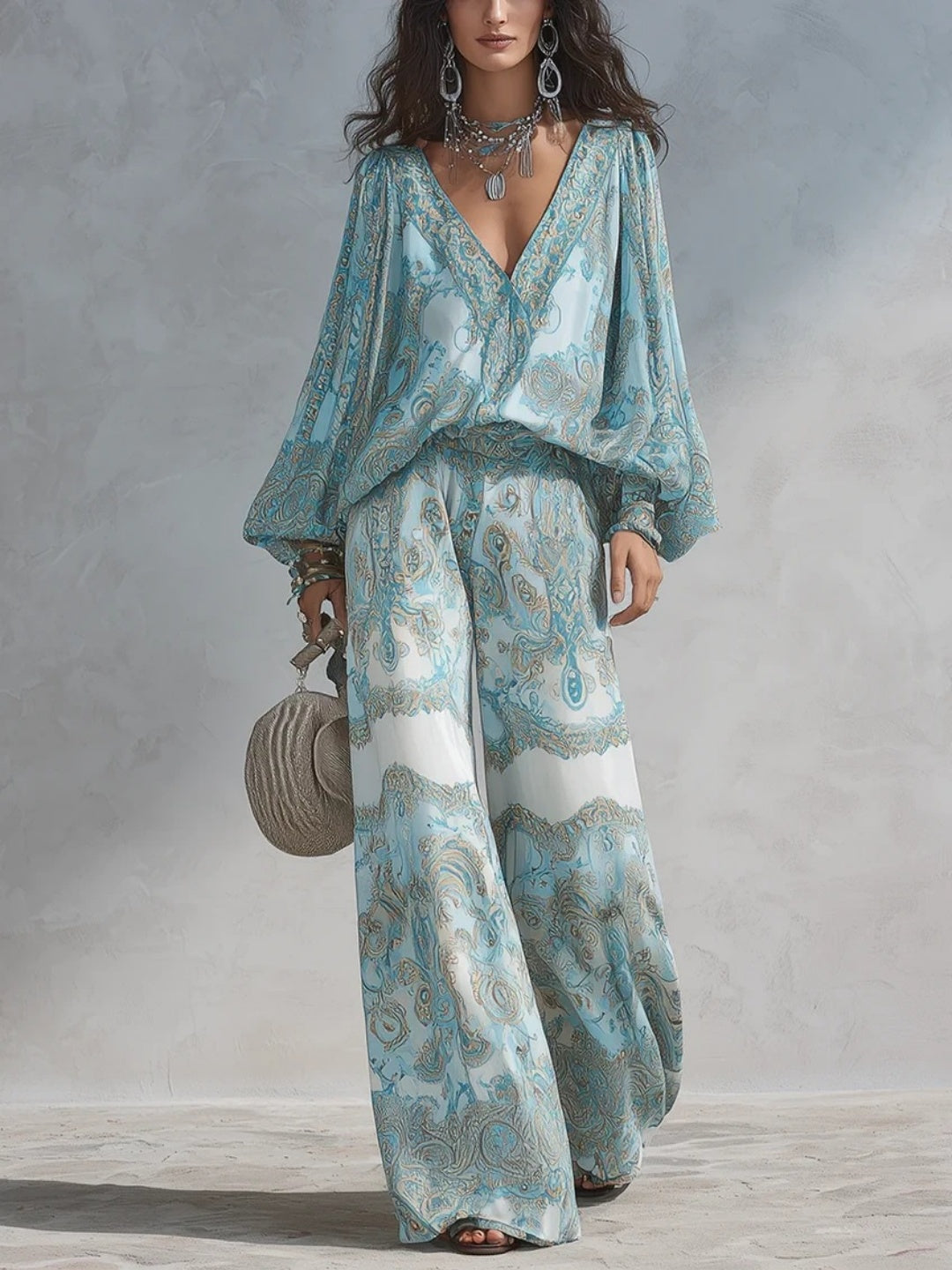 Marina Aqua Botanical Relaxed Pants Set