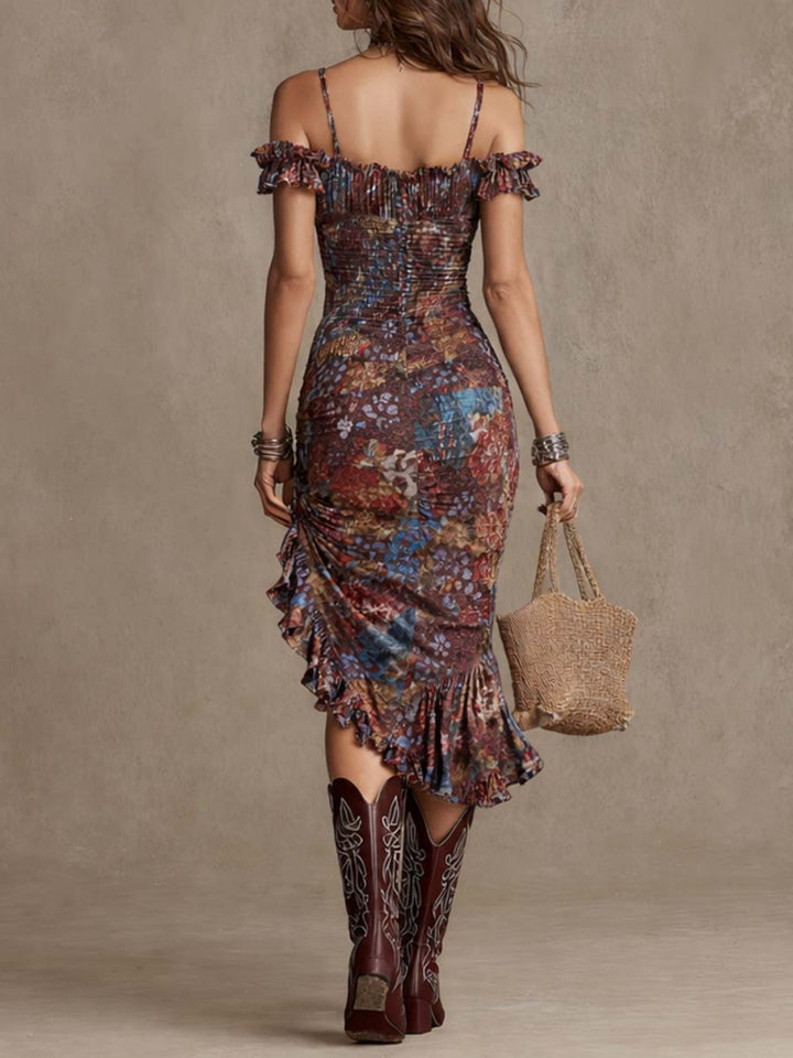 Mara Patchwork Off-Shoulder Ruched Midi Dress