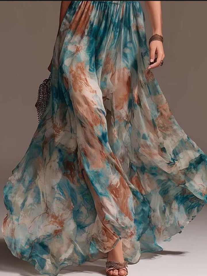Oceana Teal Watercolor Halter Maxi Dress