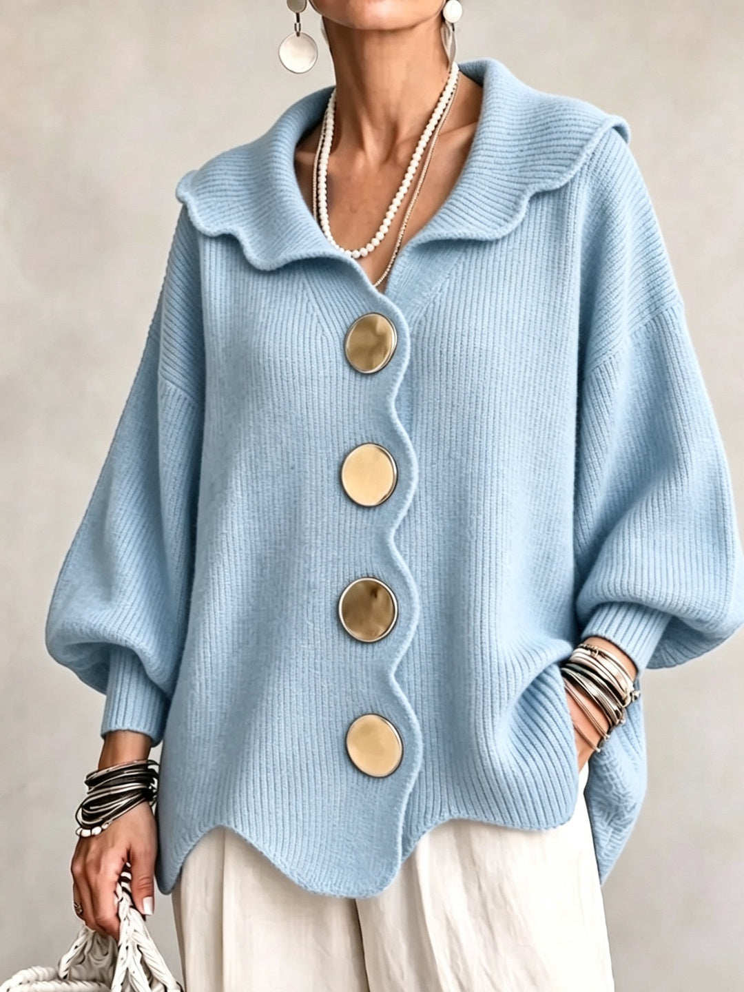Delfina Scallop-Collar Statement Cardigan