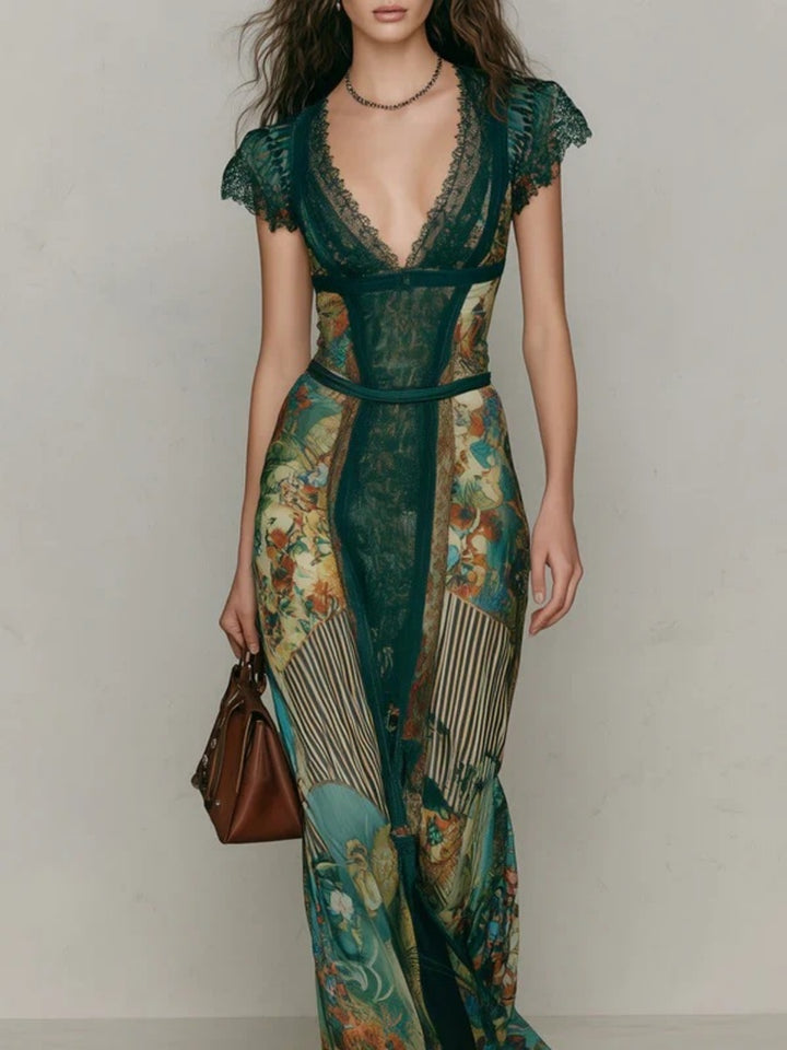 Isla Emerald Lace-Inset Print Maxi Dress