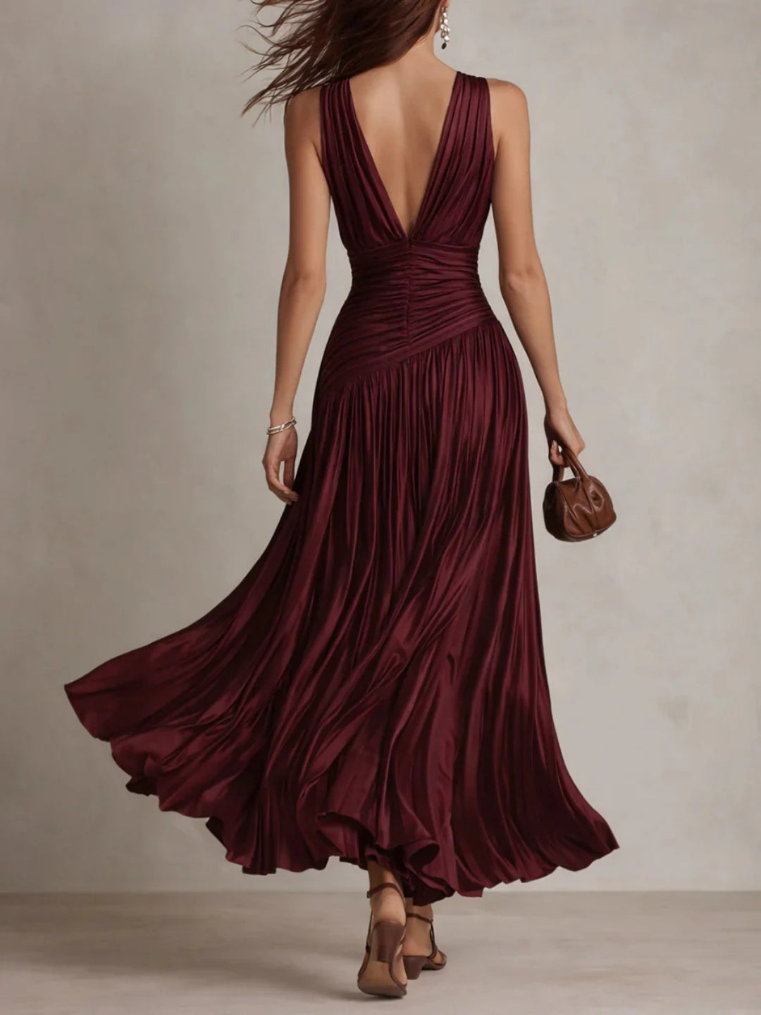 Serena Burgundy Pleated V-Neck Maxi Dress