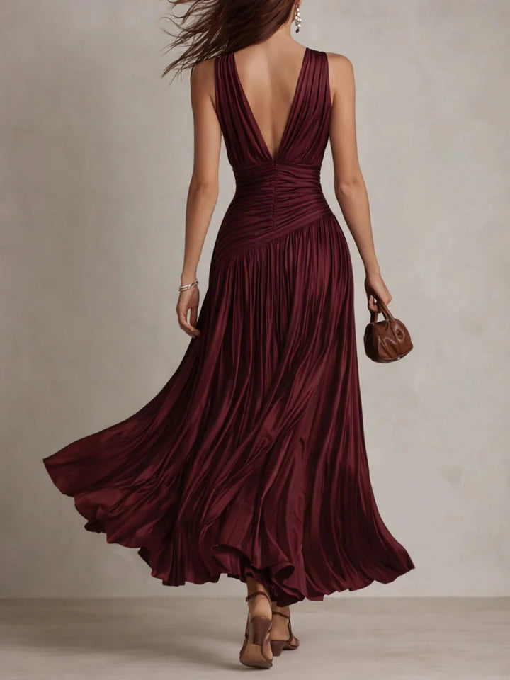 Serena Burgundy Pleated V-Neck Maxi Dress
