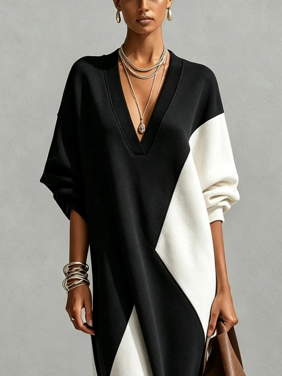 Vespera Asymmetric Contrast-Panel Caftan Maxi Dress