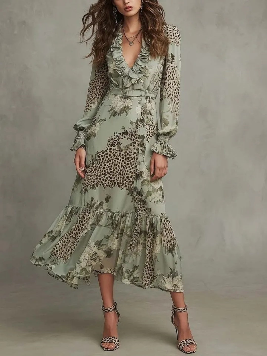 Elena Sage Lace-Panel Botanical Maxi Dress