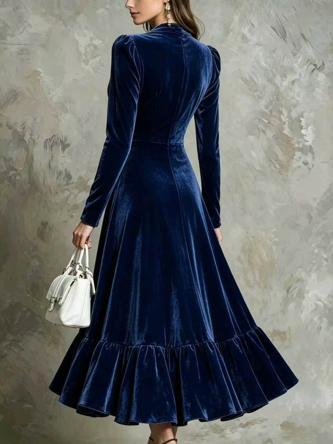 Verde Ruffle-Hem Velvet Midi Dress - Purple
