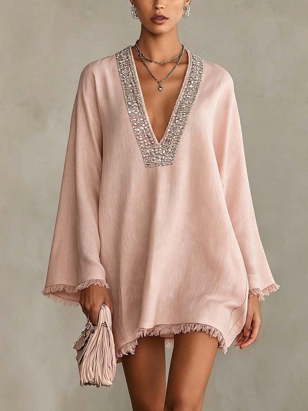 Rosalia Beaded Fringe Tunic Mini Dress