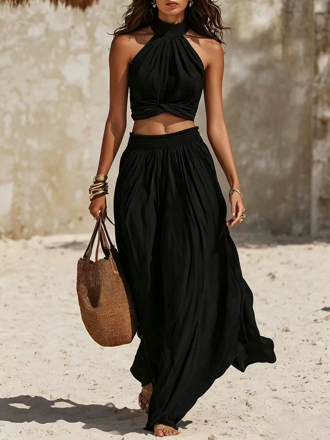 Yara Terracotta Halter Skirt Set