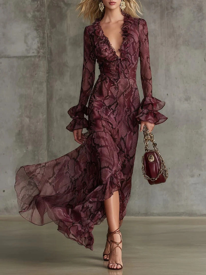 Aurelia Burgundy Floral Ruffle Maxi Dress