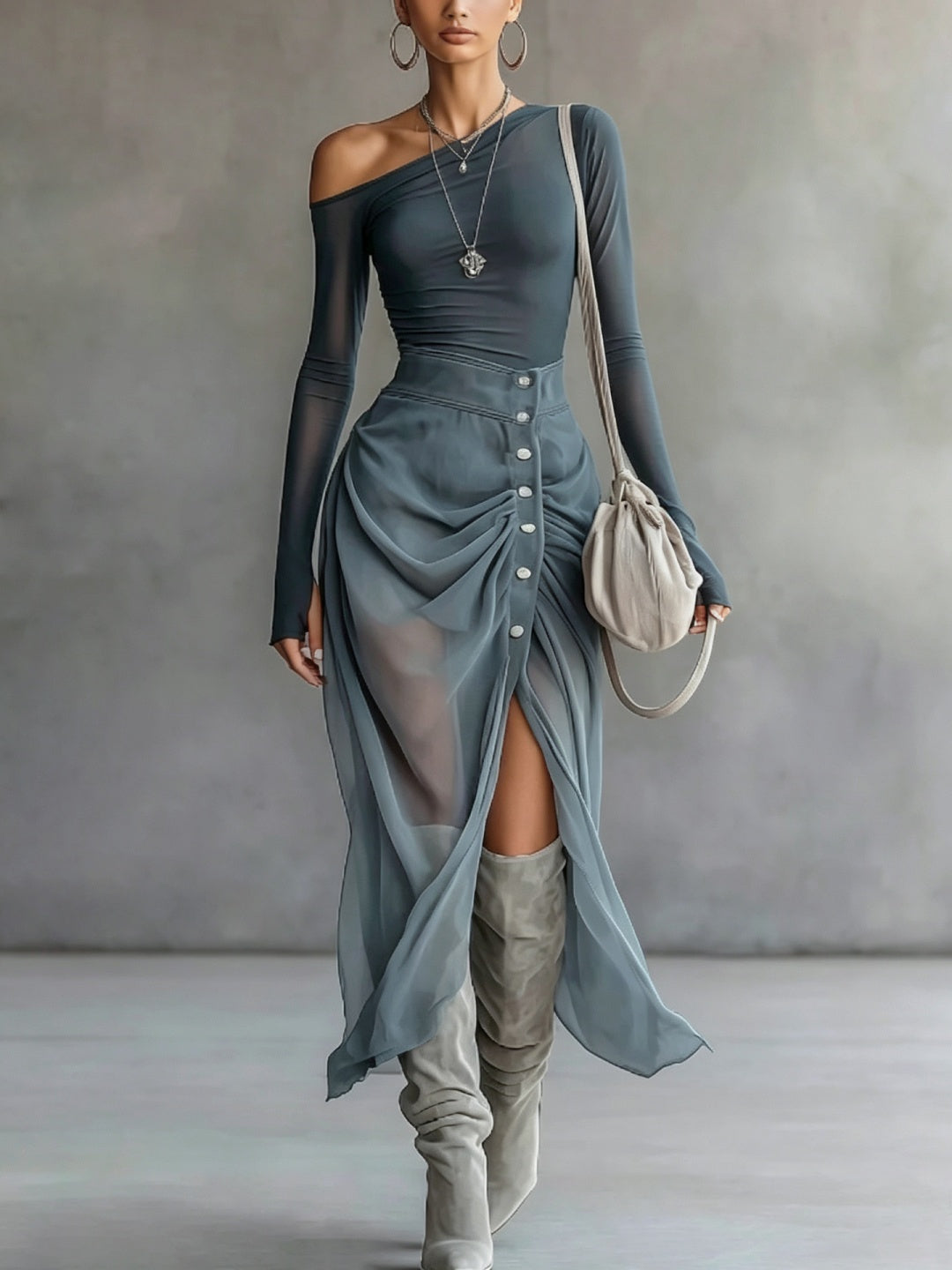 Marina Off-Shoulder Button Maxi Dress
