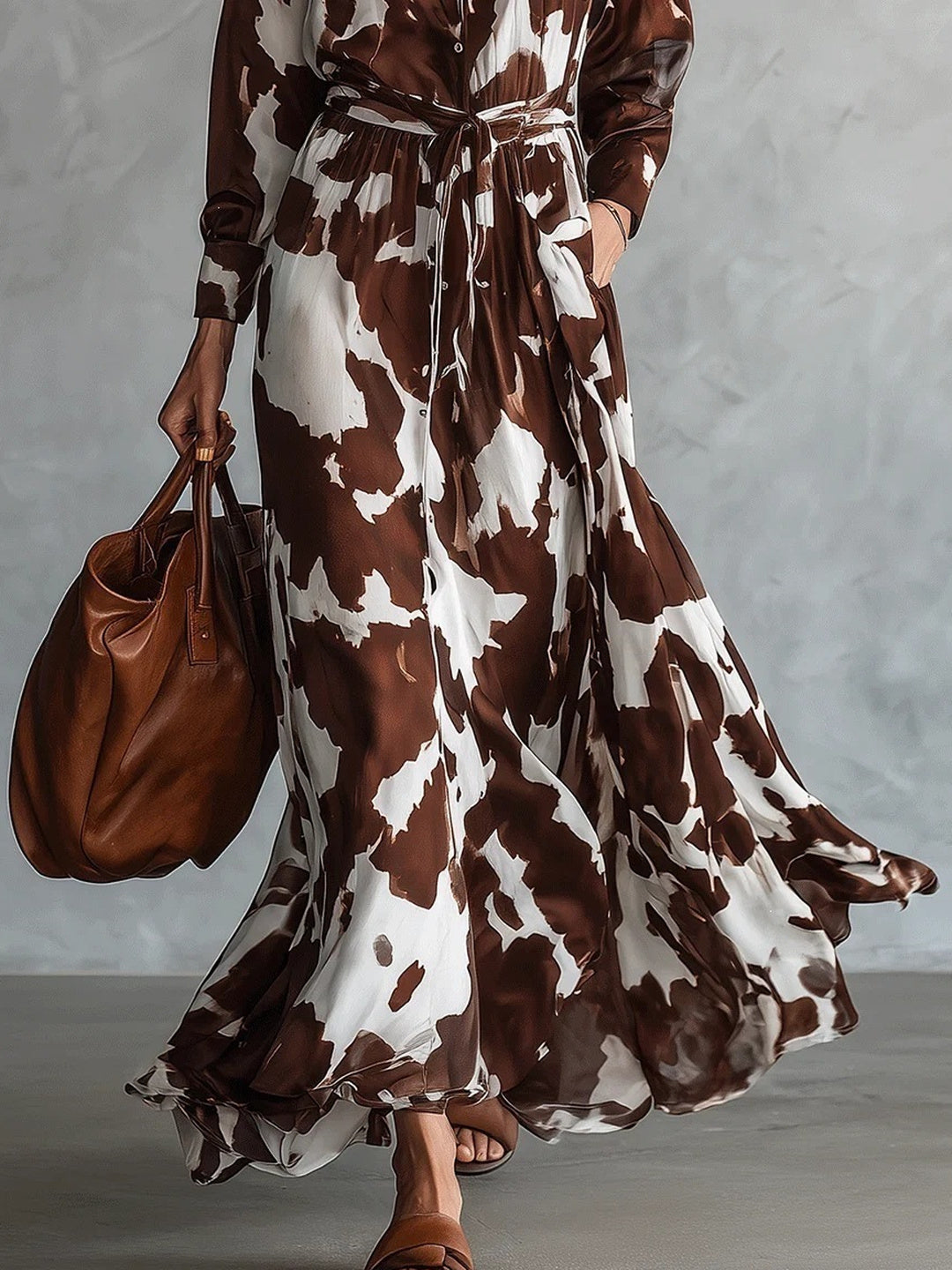 Maremma Abstract-Print Belted Maxi Dress - Coffee