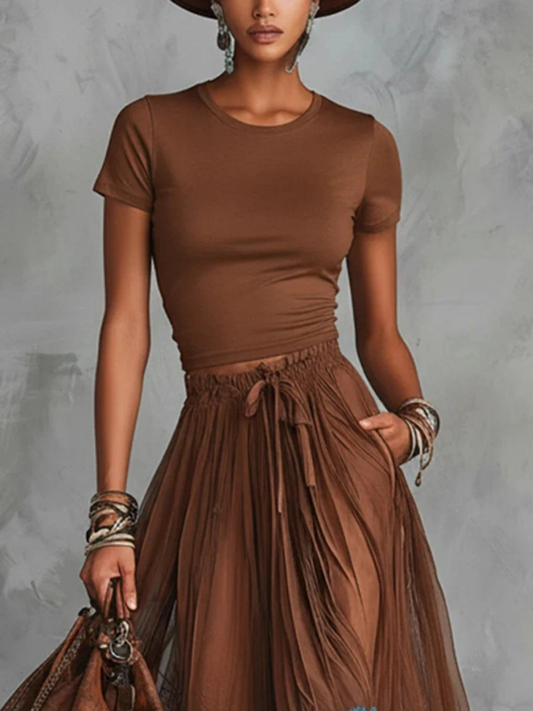 Mara Cocoa Blue Lace-Hem Skirt Set