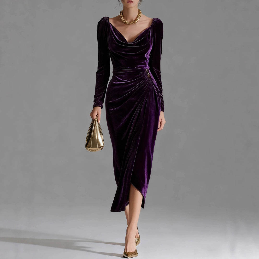 Portia Taupe Cowl Neck Midi Dress