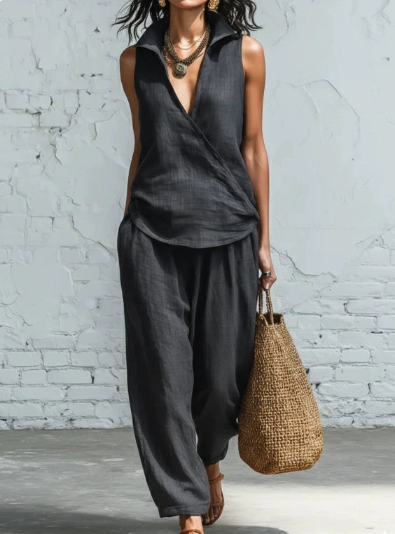 Talia White Sleeveless Resort Pants Set