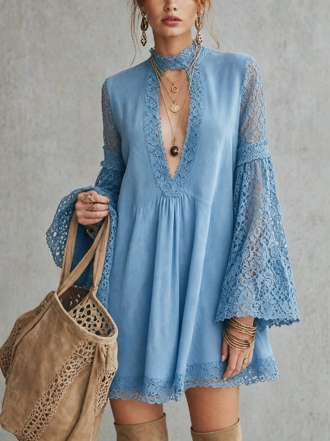 Elisabetta Plunge-Neck Bell-Sleeve Mini Dress