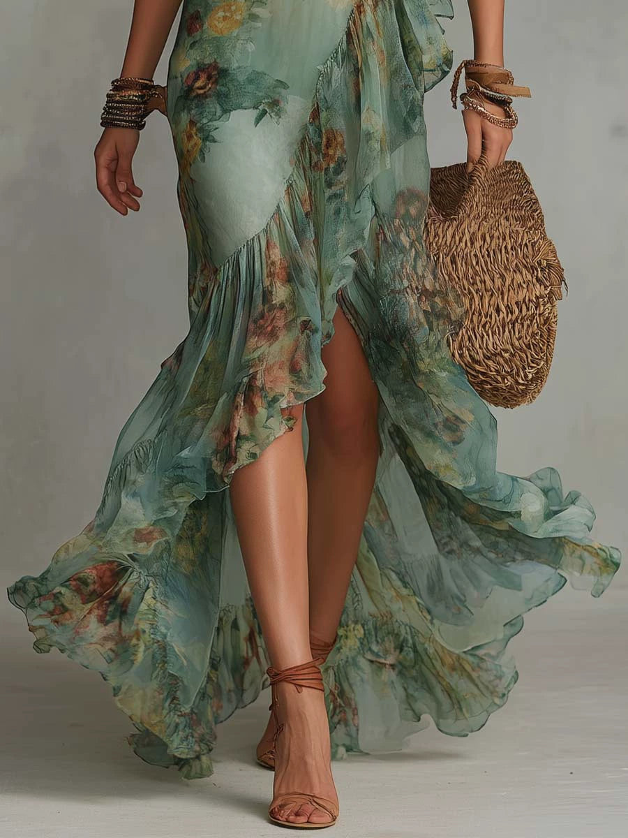 Mira Green Floral Wrap Maxi Dress