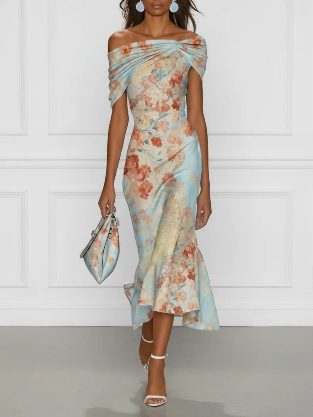 Flora Aqua Floral Off-Shoulder Midi Dress