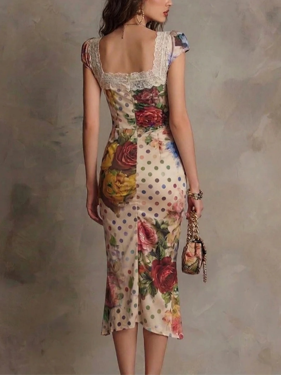 Vittoria Ivory Patchwork Cap-Sleeve Midi Dress