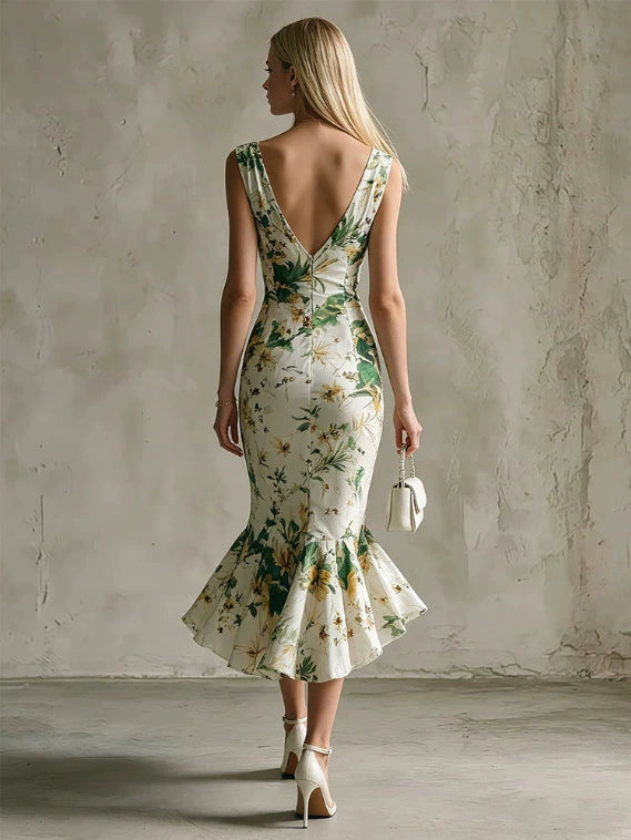 Carmen Ivory Floral Ruffle Hem Midi Dress