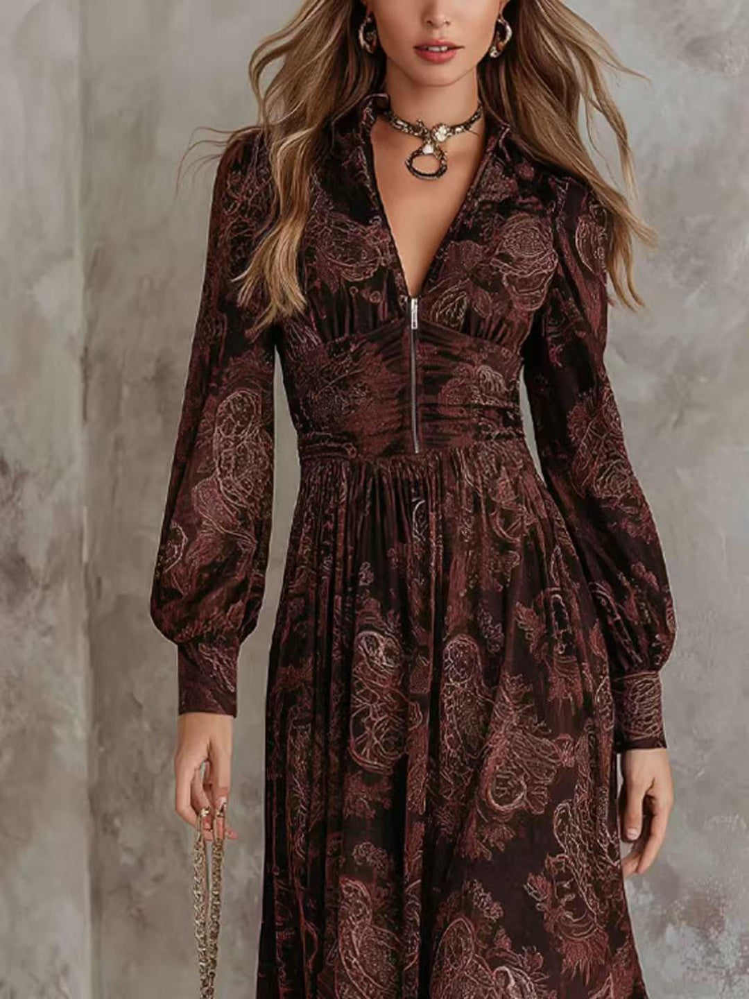 Cora Brown Floral Long-Sleeve Maxi Dress