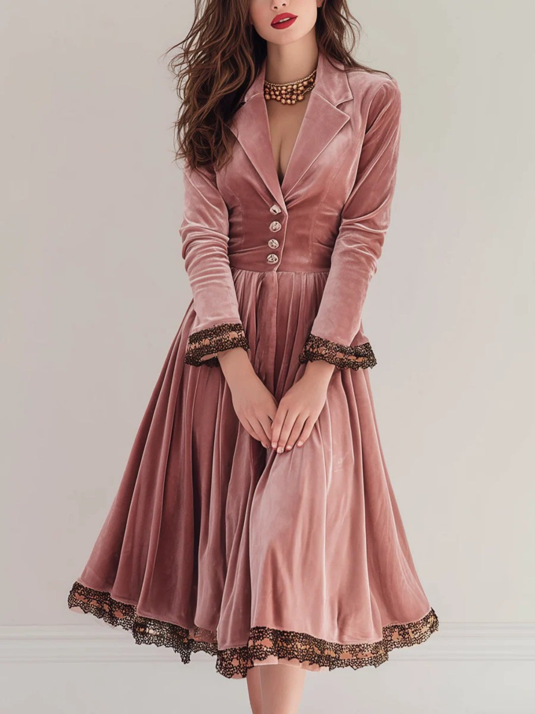 Rosalina Pleated Lace-Trim Midi Dress
