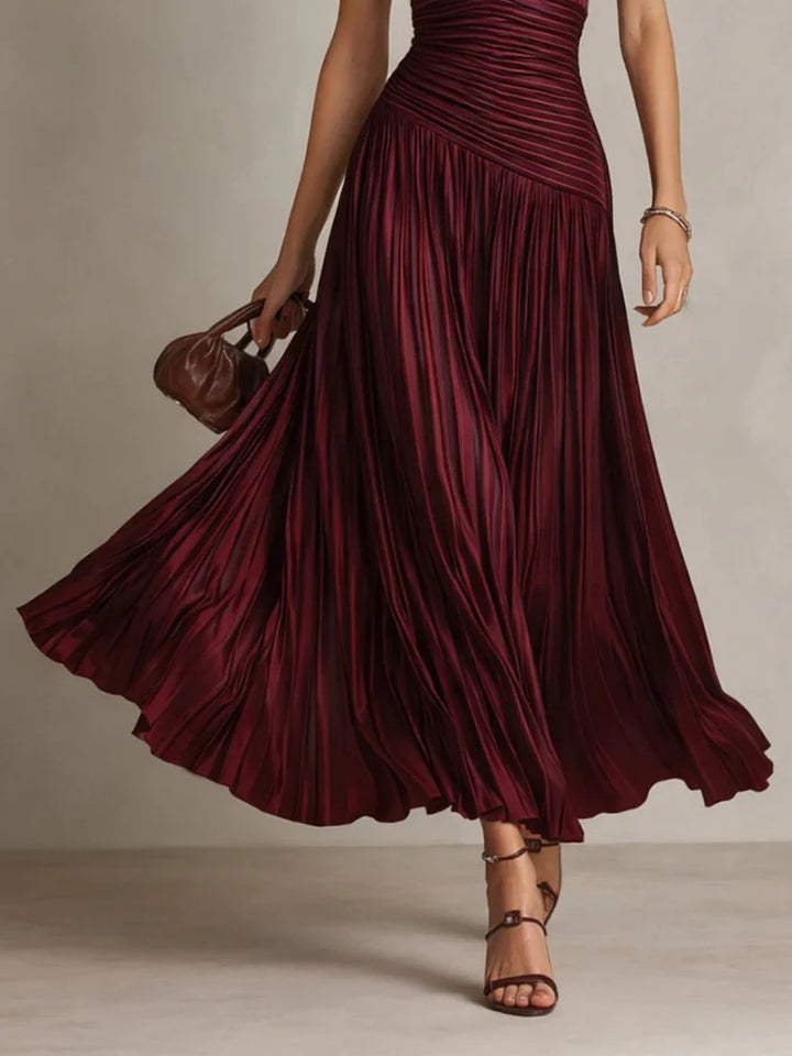 Serena Burgundy Pleated V-Neck Maxi Dress