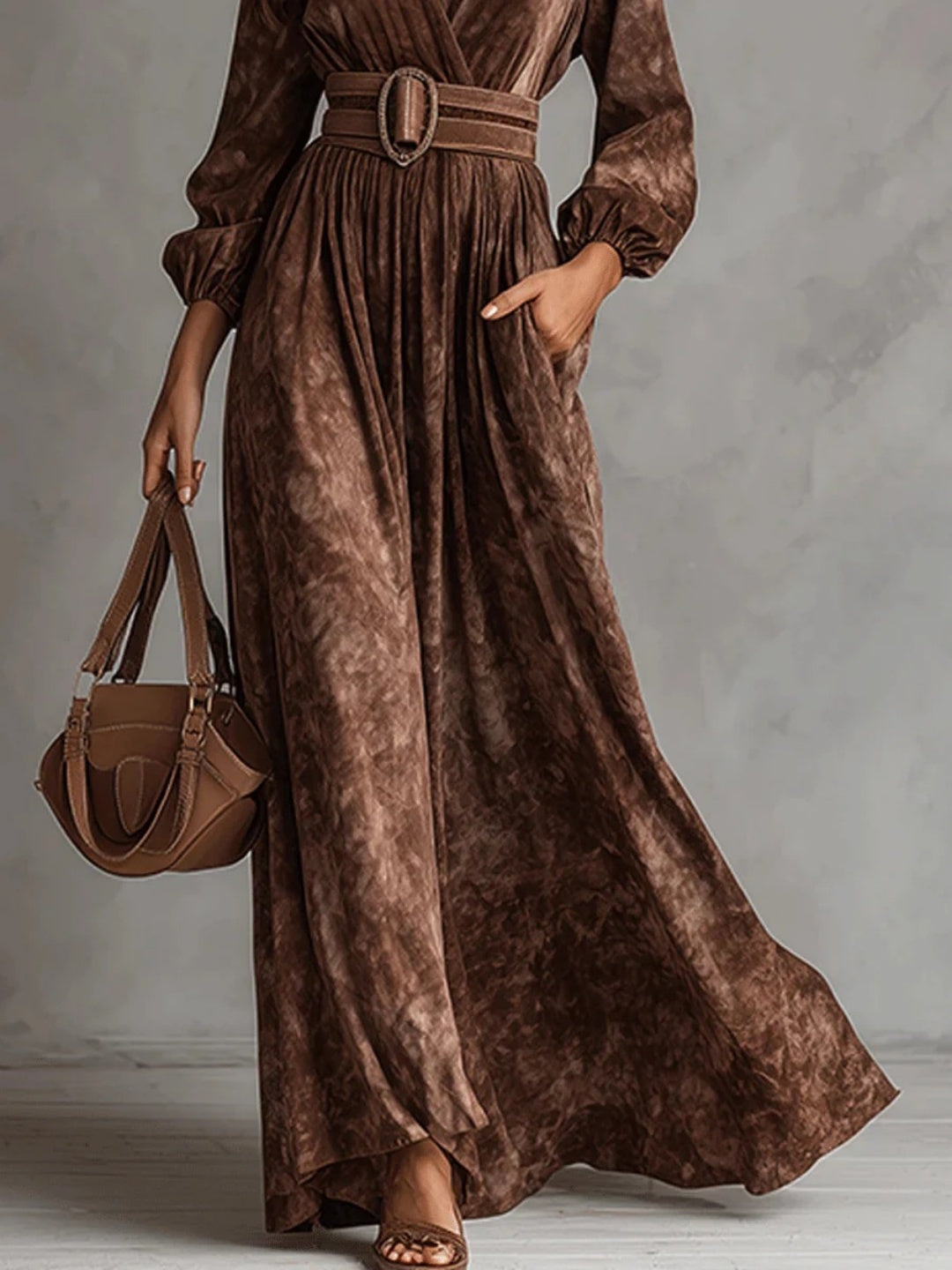 Valentina Cocoa Velvet-Look Belted Maxi Dress