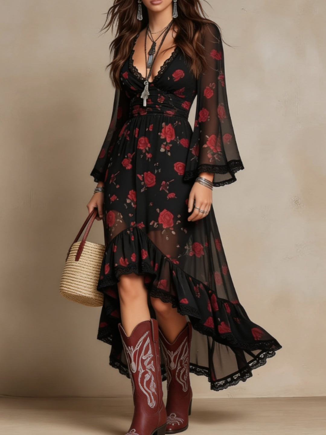 Cora Black Red Floral High-Low Maxi Dress