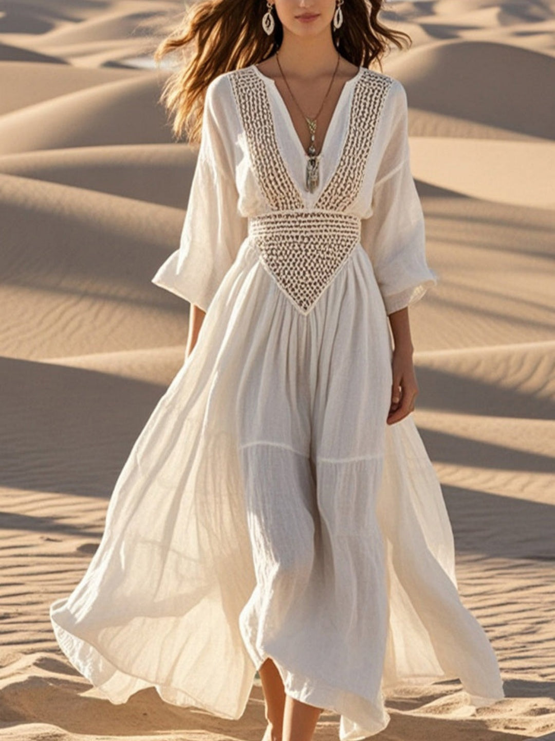Soleil White Crochet-Inset Bell-Sleeve Maxi Dress