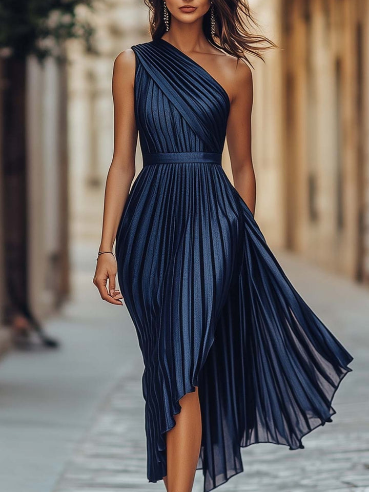 Celeste Navy One-Shoulder Pleated High-Low Dress