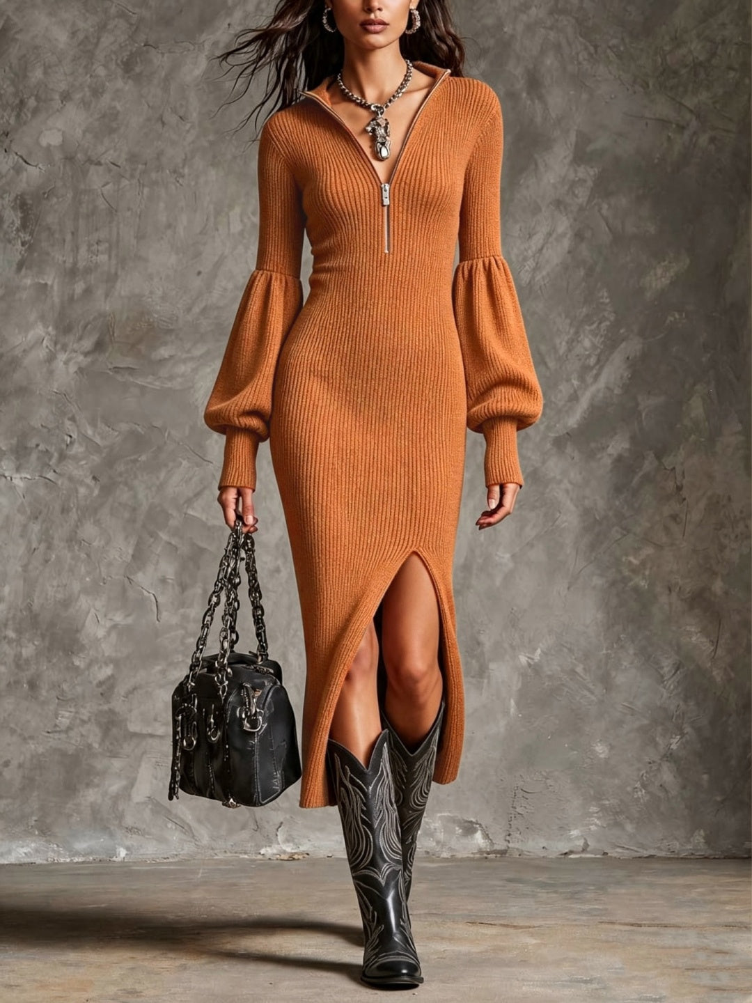Aurelia Zip-Front Knit Maxi Dress