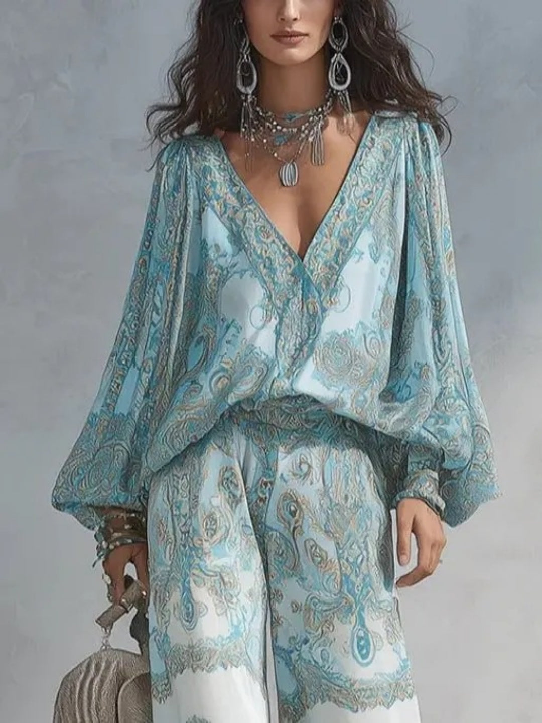 Marina Aqua Botanical Relaxed Pants Set