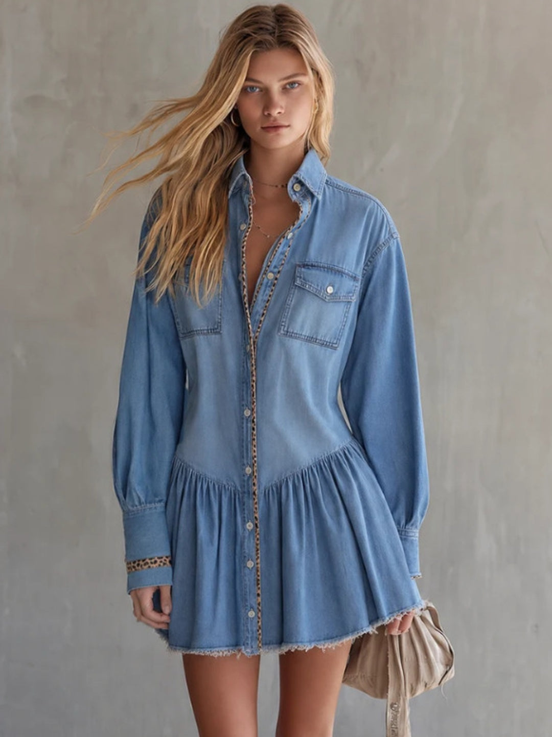 Elara Denim Pleated Shirt Dress