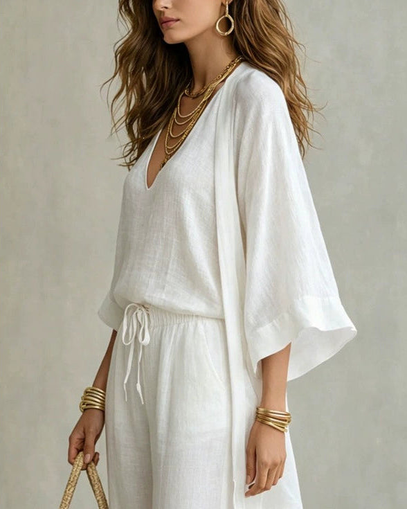 Camilla White V-Neck Resort Pants Set