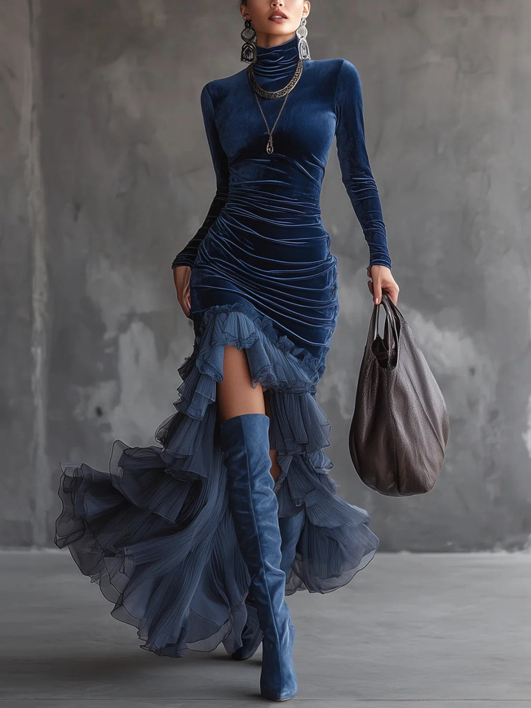 Sapphire Feather-Hem Mermaid Dress