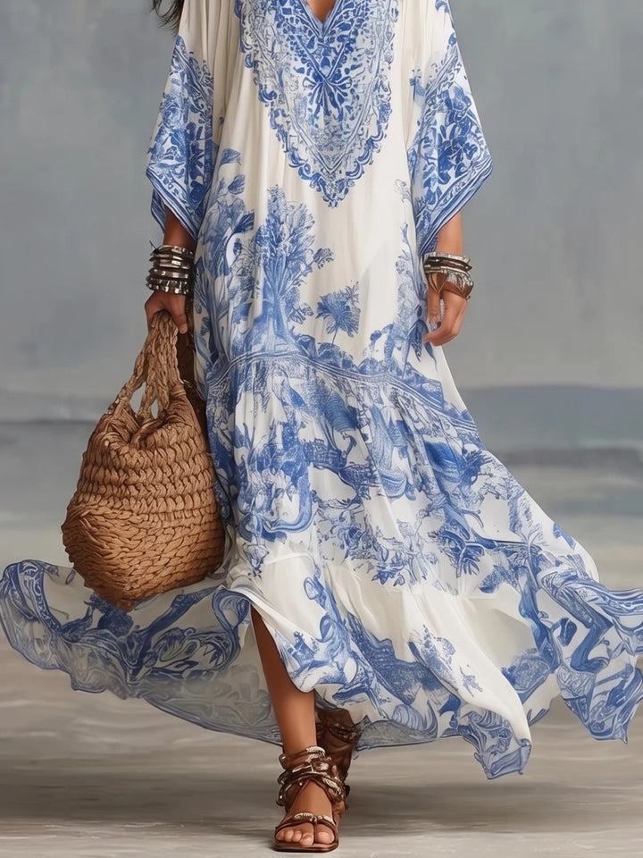 Capri Ivory Blue Embroidered Caftan Maxi Dress