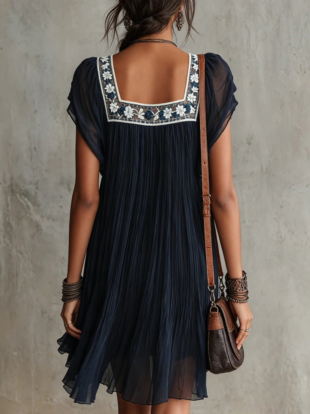 Marina Navy Embroidered Square-Neck Mini Dress
