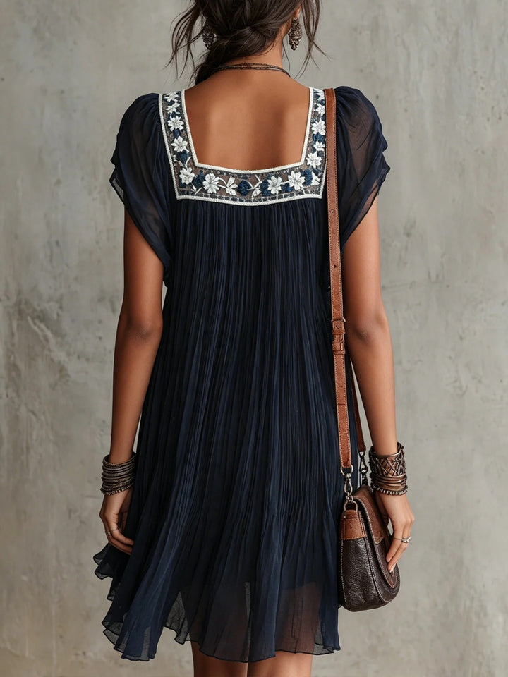 Marina Navy Embroidered Square-Neck Mini Dress