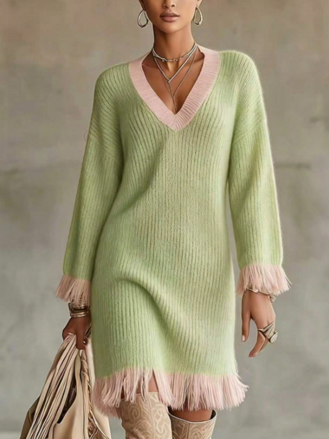 Elara V-Neck Fringe Sweater Mini Dress