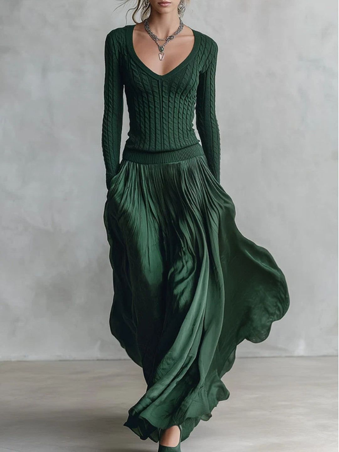 Valentina Ribbed-Bodice Pleated Maxi Dress