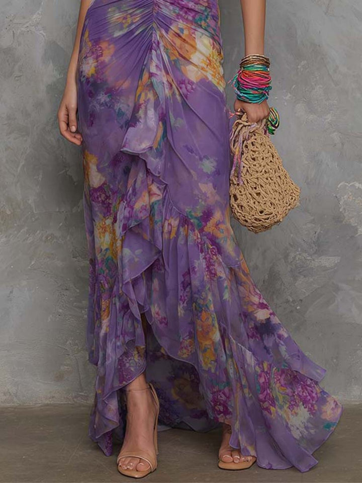 Livia Purple Floral Halter High-Low Maxi Dress