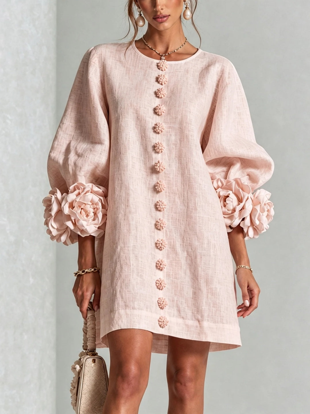 Rosalia Blush Floral-Cuff Button Mini Dress